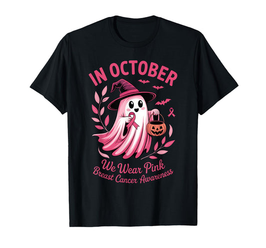 In October We Wear Pink Ribbon Ghost Halloween Breast Cancer T-Shirt