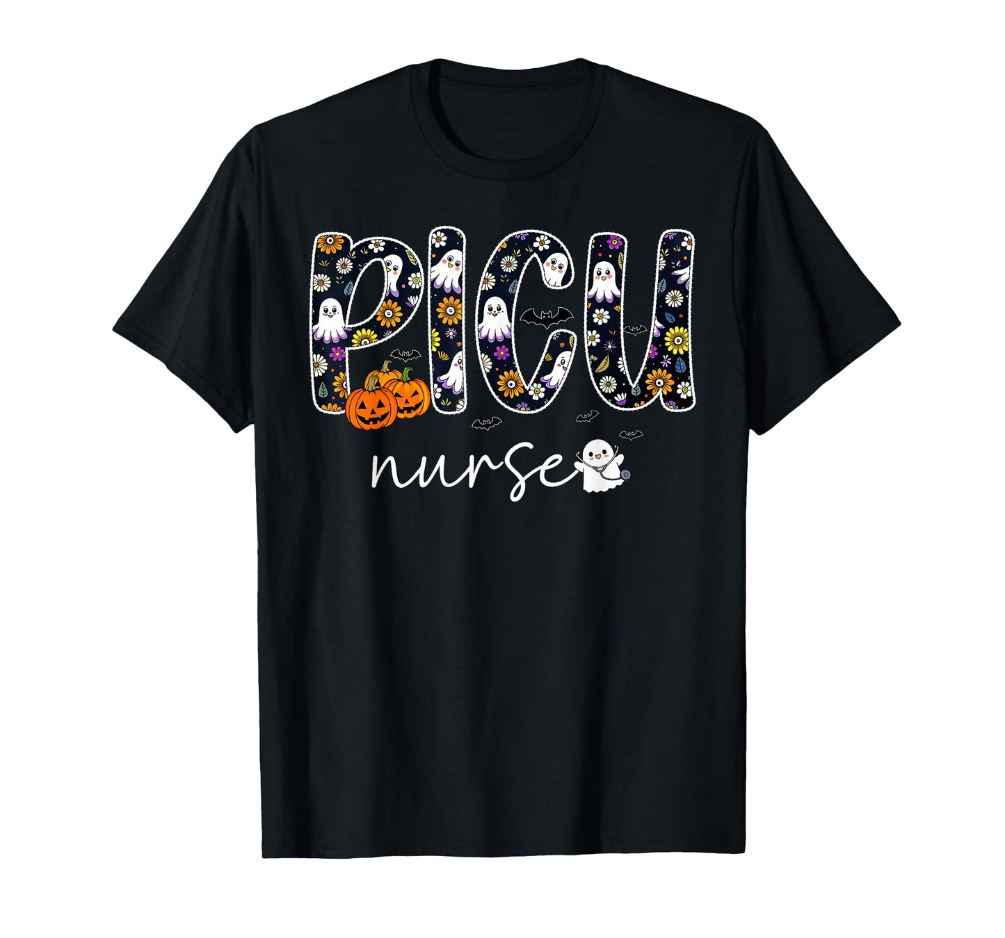 PICU Nurse Pumpkin Ghost Halloween Pediatric ICU RN T-Shirt