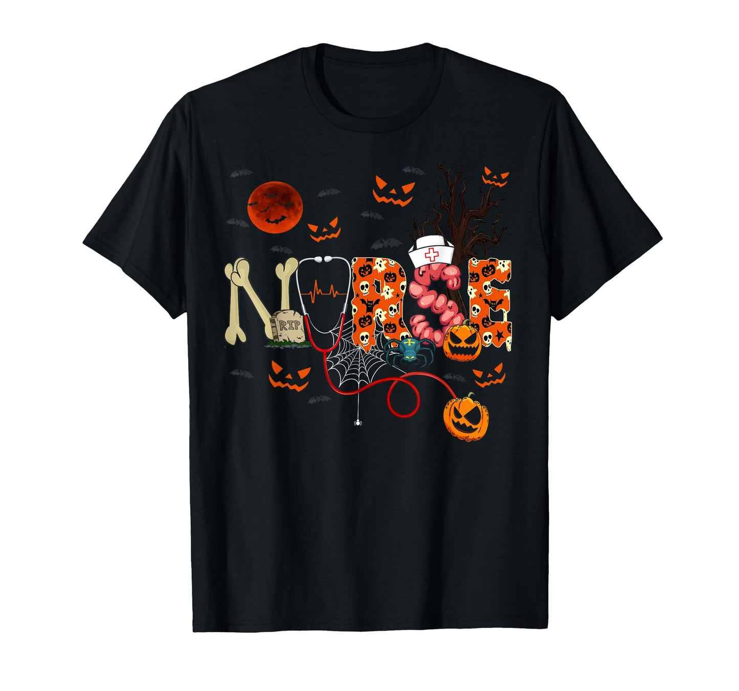 Nurse Funny Stethoscope Nurse Pumpkin Skull Lover Halloween T-Shirt
