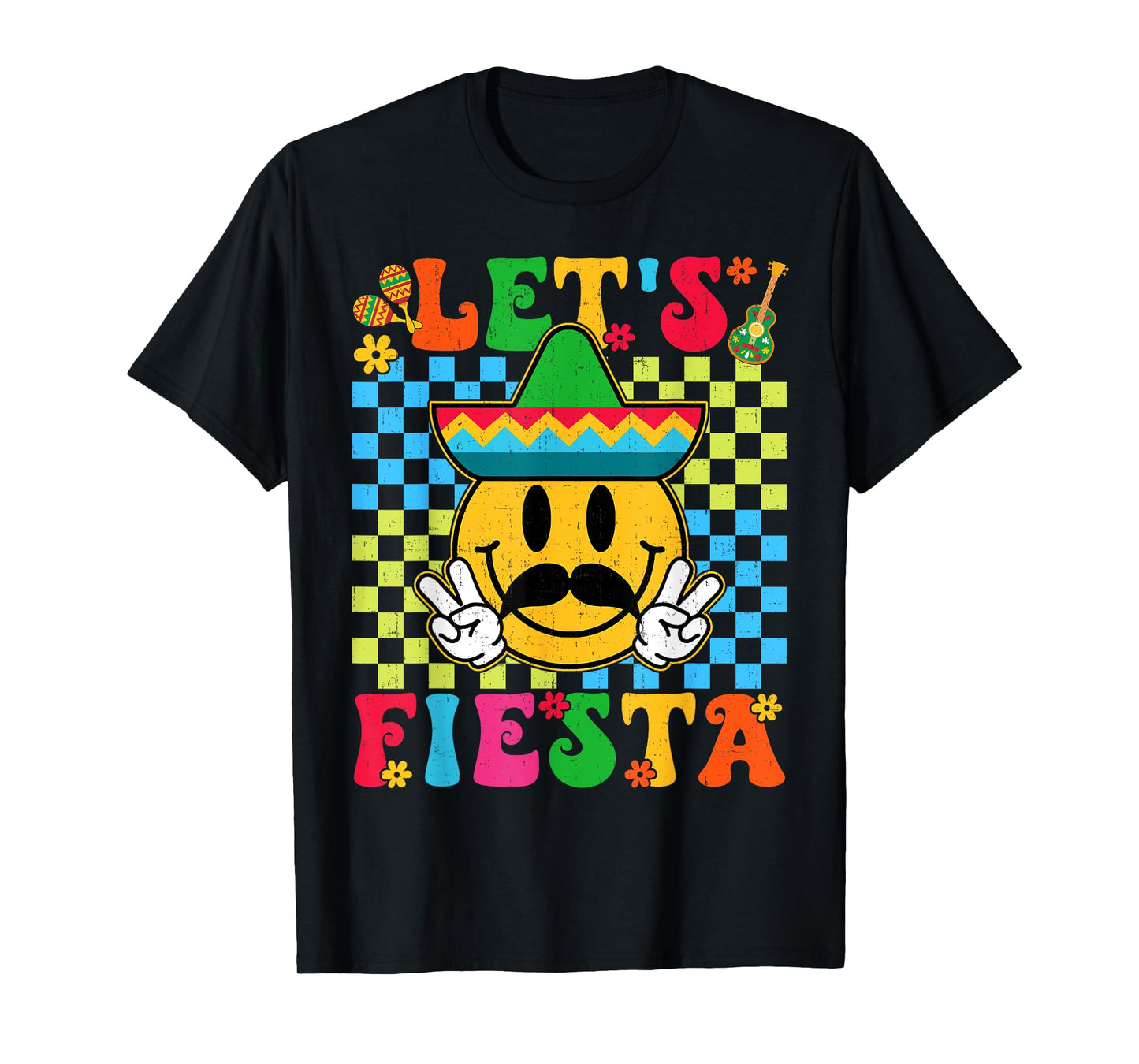 Funny Cinco De Mayo Checkered Let's Fiesta Smile Men Women T-Shirt