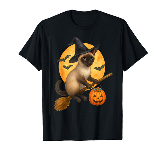 Cute Halloween Siamese cat Witch Flying on Broom with Candy T-Shirt