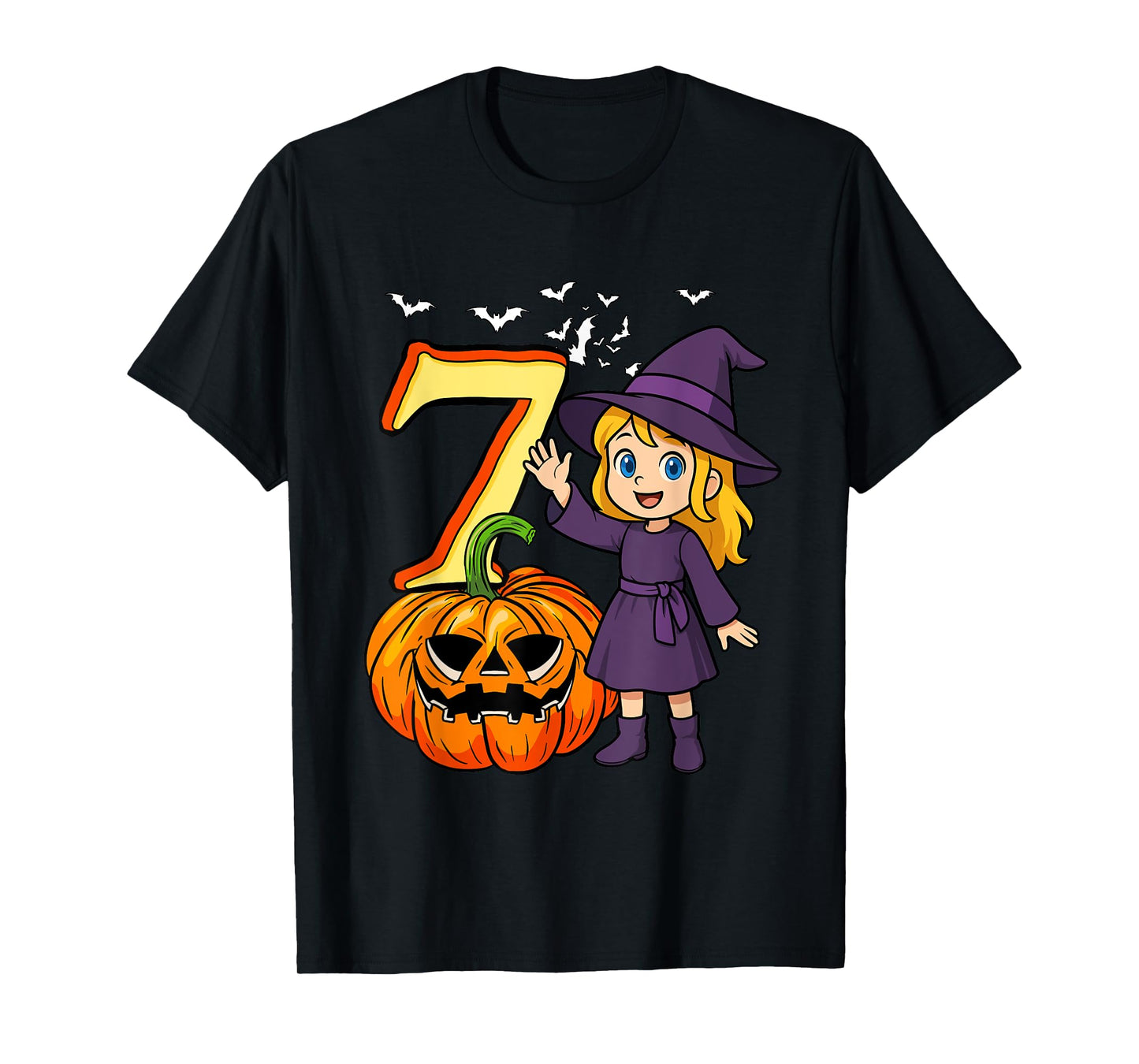 7 Halloween Cute Witch 7th Birthday Horror Carved Pumpkin T-Shirt