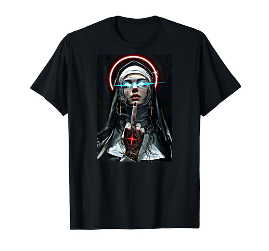 #snirt Hot Nun T-Shirt with Motif Nun Showing Middle Finger T-Shirt