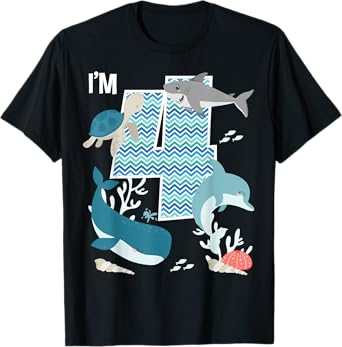 Kids 4 Year Old Ocean Life Whale Dolphin Shark 4th Birthday T-Shirt