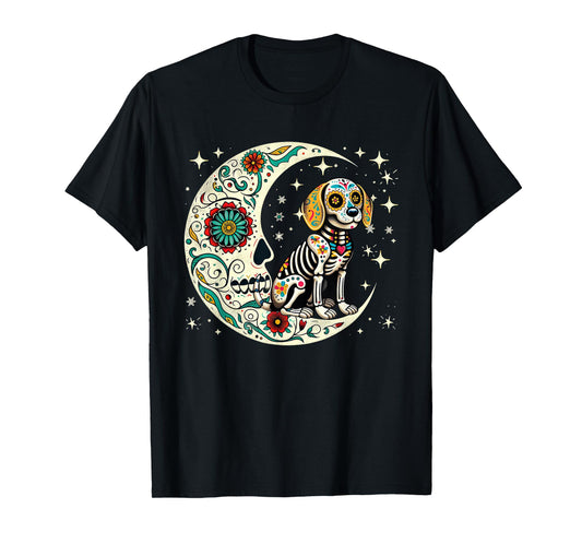 Dia De Los Muertos Halloween Moon Floral Skeleton Beagle T-Shirt