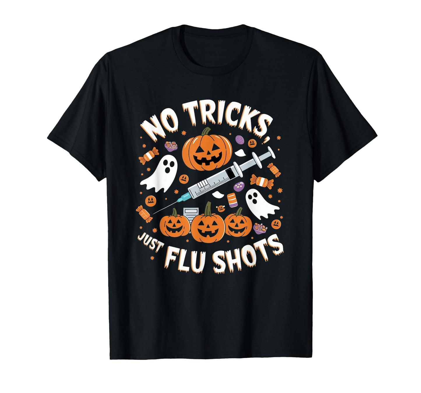 Halloween Healthcare Humor Flu Shots and Pumpkins Theme T-Shirt