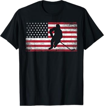 Hockey American Flag 4th of July Patriotic USA Dad Men Son T-Shirt