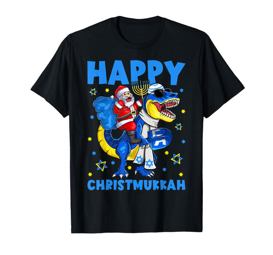 Happy Christmukkah Santa Rides Jewish T Rex Menorah Chanukah T-Shirt