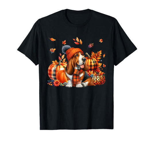 Basset Hound Thanksgiving Leopard Pumpkins Fall Leaves T-Shirt