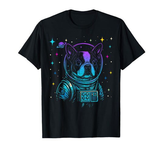 Colorful Astronaut Boston Terrier Space Galaxy Dog Lovers T-Shirt