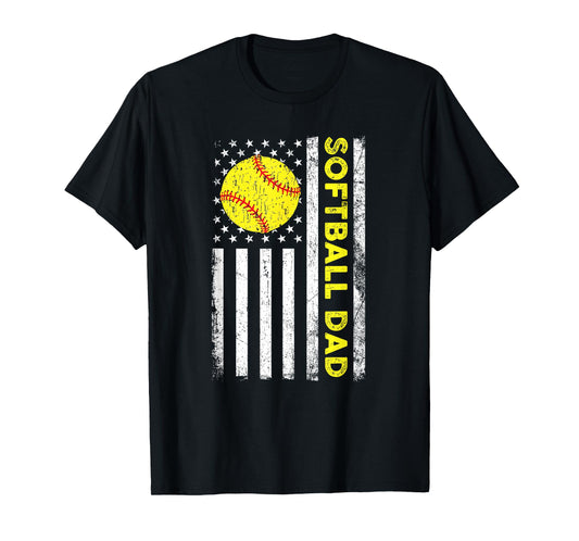 Softball Dad Distressed American Flag Fathers Day T-Shirt