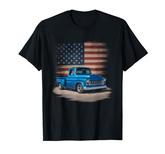 Classic Old Pickup Truck American Flag 4th of July Patriotic T-Shirt