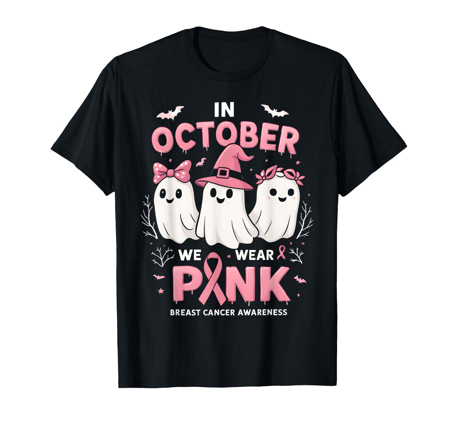 in October We Wear Pink Ghost Halloween Women Breast Cancer T-Shirt