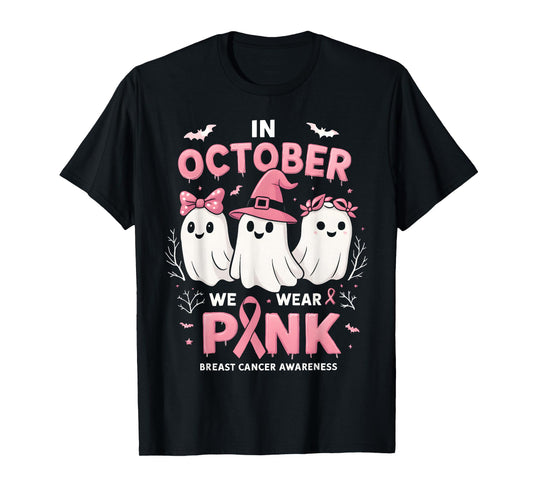 in October We Wear Pink Ghost Halloween Women Breast Cancer T-Shirt