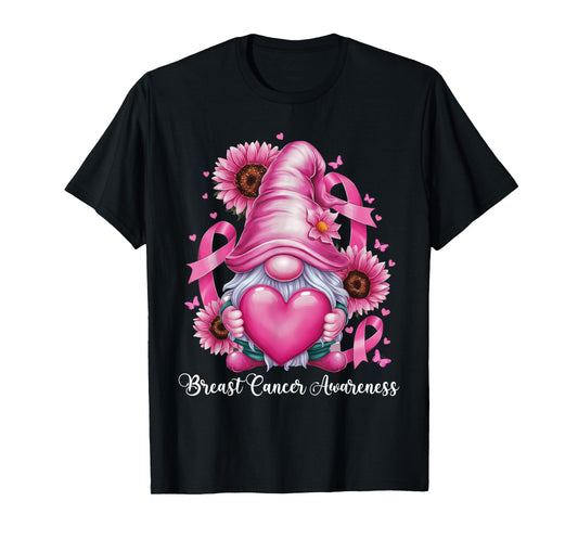Cute Gnome Breast Cancer Awareness Pink Heart Pink Ribbon T-Shirt