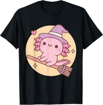 Cute Axolotl Witch Flying On A Broom Over The Moon Kids T-Shirt