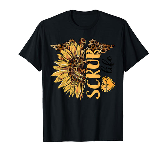 Living The Scrub Life Nurse Sunflower Leopard Nursing Womens T-Shirt