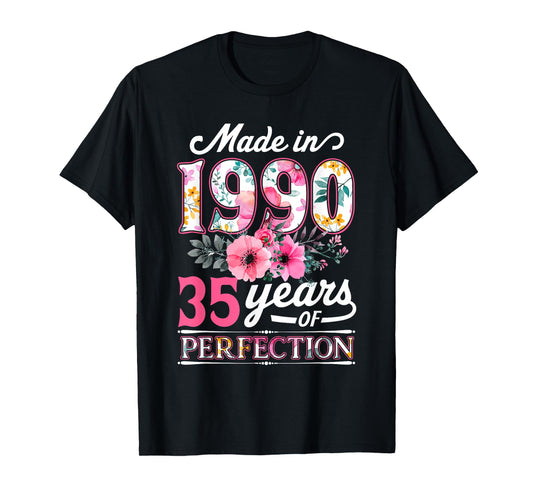 35 Year Old Made In 1990 Floral Flower 35th Birthday Womens T-Shirt