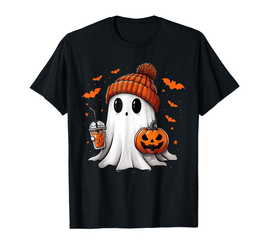 Cute Ghost Drinking Ice Coffee Halloween Pumpkin Mens Womens T-Shirt