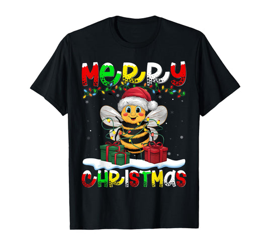 Xmas Lighting Santa Hat Bee Merry Christmas T-Shirt