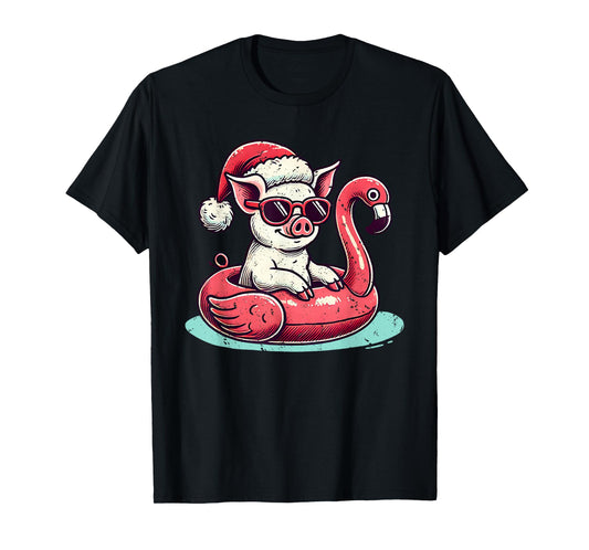 Funny Christmas in July Pig Mom Santa Flamingo Floatie T-Shirt