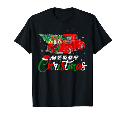 Three Gnomes In Red Truck With Christmas Pine Tree Xmas Day T-Shirt
