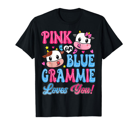 Pink Or Blue Grammie Loves You Cow Baby Gender Reveal T-Shirt