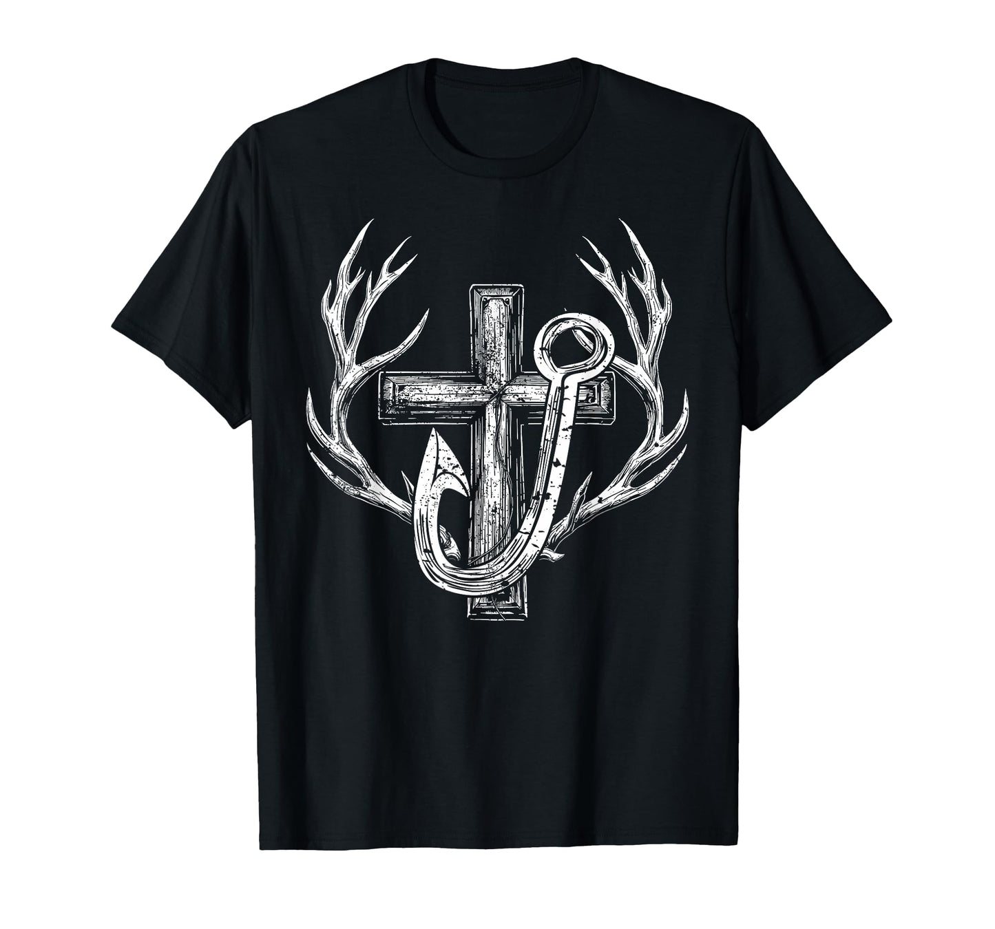 Cross & Fish Hook Deer Hunting & Fishing Lover Dad Christian T-Shirt