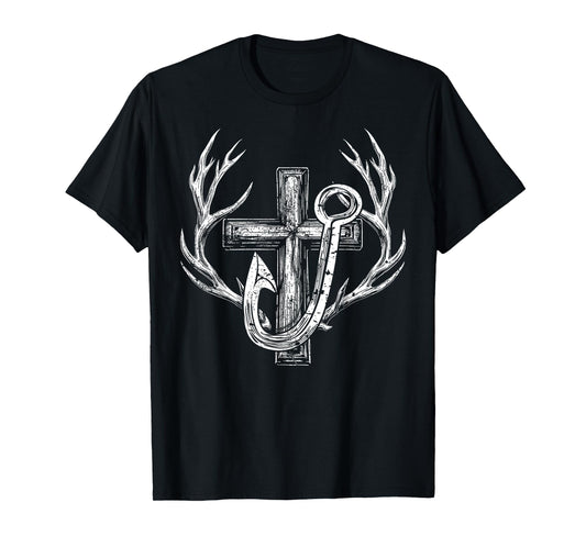 Cross & Fish Hook Deer Hunting & Fishing Lover Dad Christian T-Shirt