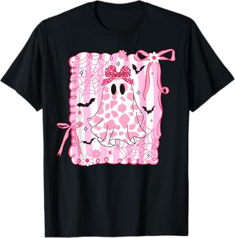 Cute Ghost Coquette Pink Bow Cow Print Halloween Spooky T-Shirt