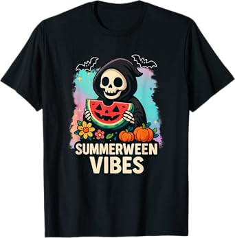 Watermelon Ghost Summerween Retro Skeleton Vibes Outfit T-Shirt