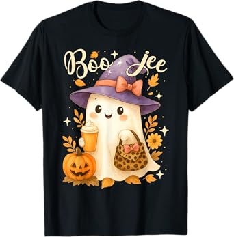 Cute Boo Jee Witch Ghost Halloween Coffee Latte Leopard T-Shirt