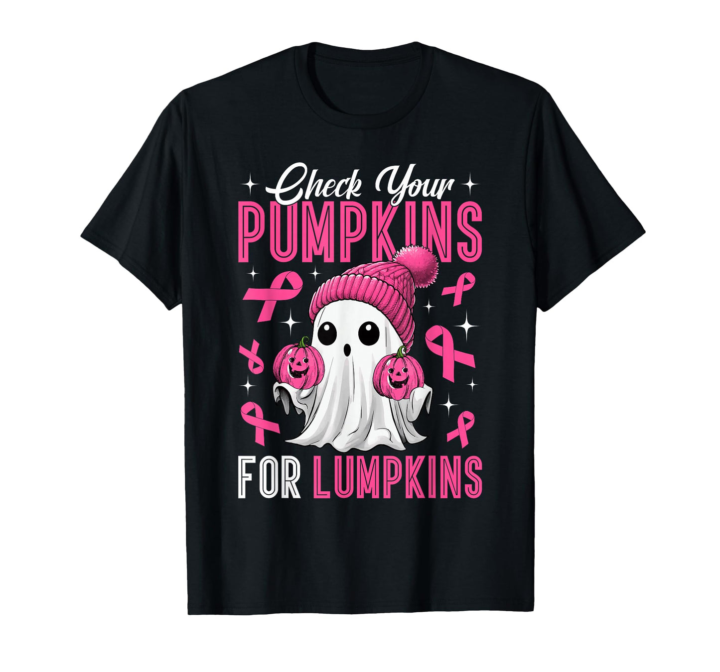 Check Your Pumpkins for Lumpkins Breast Cancer Ghost Women T-Shirt
