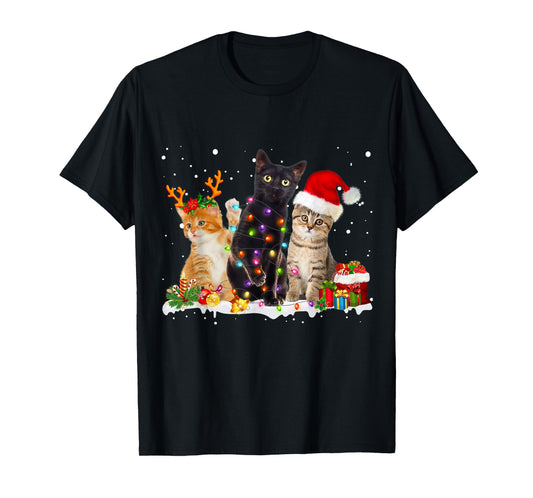 Santa Cat Light Gorgeous Reindeer Pajama Christmas Cat Lover T-Shirt for Men Women Girls Kids