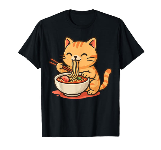 Anime Kawaii Cat Eating Ramen Noodles Men Women Teen Kids T-Shirt