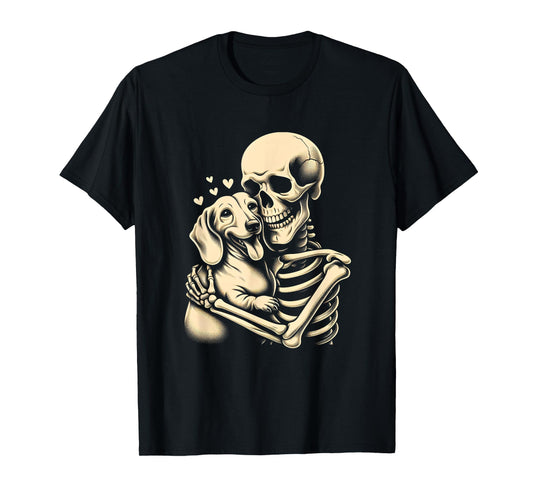 Skeleton Hugging Dog Halloween Dachshund Lover Dog Mom Dad Men Women T-Shirt