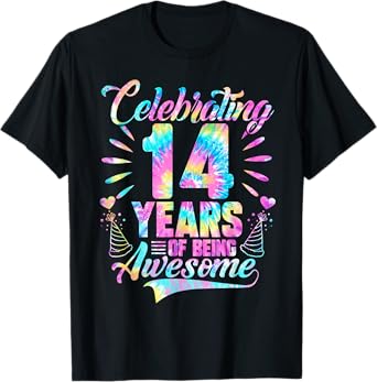 Celebrating 14 Year Of Being Awesome With Tie-dye Graphic T-Shirt