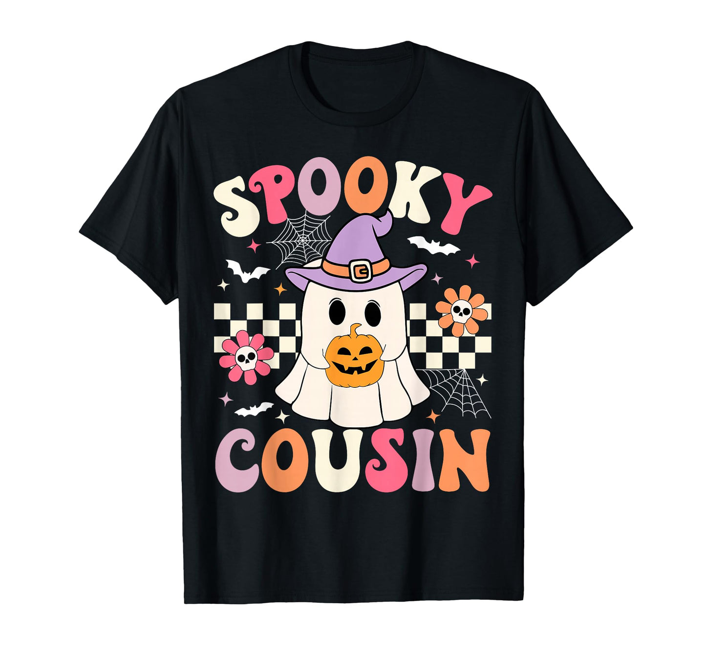 Groovy Spooky Cousin Retro Ghost Holding Pumpkin Halloween T-Shirt