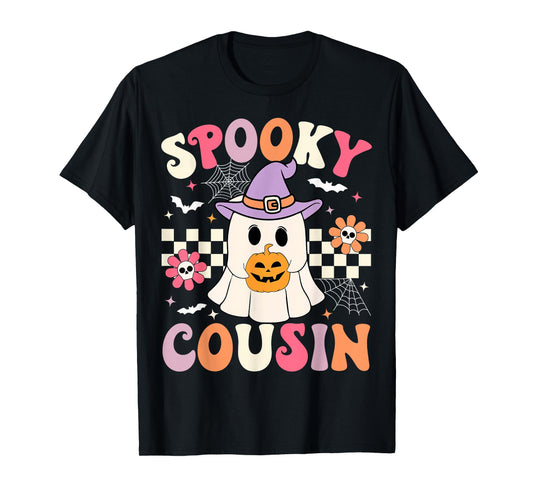 Groovy Spooky Cousin Retro Ghost Holding Pumpkin Halloween T-Shirt