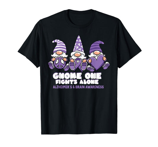 Alzheimers Brain Awareness Gnome One Fights Alone Purple T-Shirt