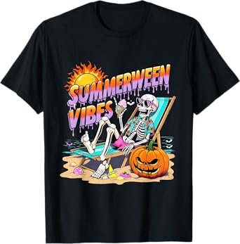 Summerween Vibes Skeleton Pumpkin Spooky Vacation T-Shirt