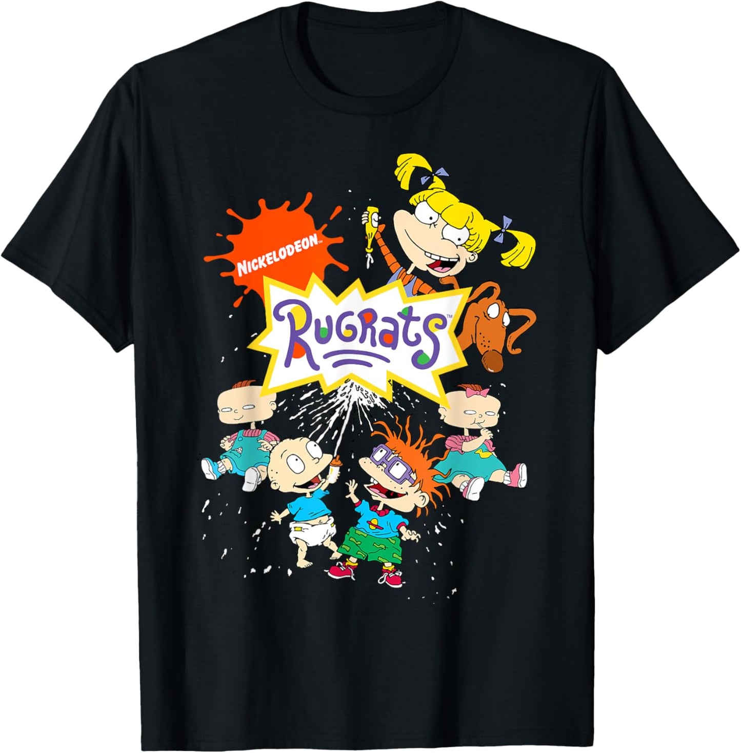 Nickelodeon Rugrats Logo With Nick Logo And 90s Cast T-Shirt - Unisex Adult - Black - Small - Short Sleeve - Cotton 60% Polyester 40%