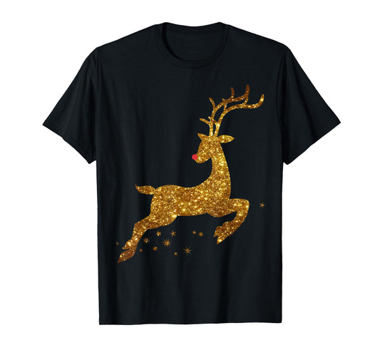 Womens Christmas Reindeer T-Shirt Cute womens gold faux T-Shirt