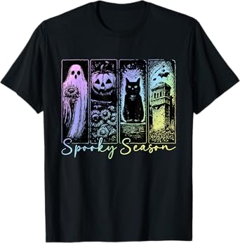 Spooky Season Cute Retro Ghost Pumpkin Cat Halloween Costume T-Shirt