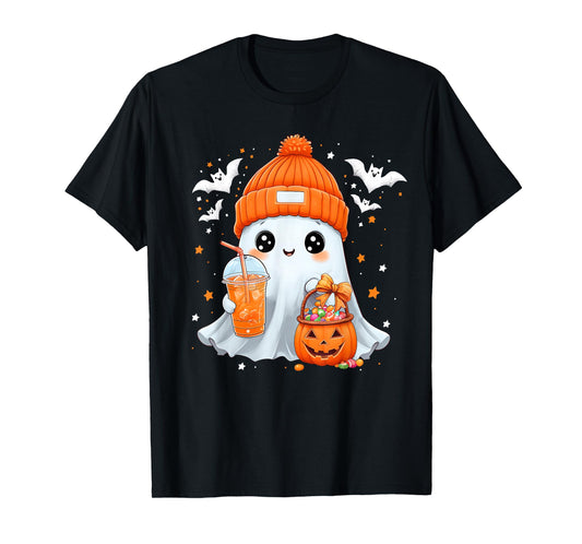 Cute Halloween Ghost Drink Pumpkin Spice Beanie Girl Women T-Shirt
