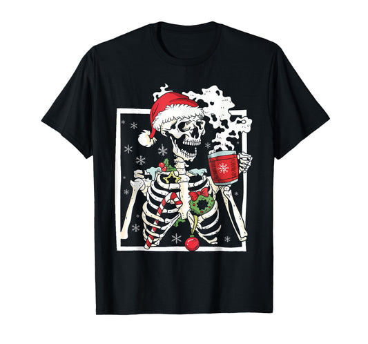 Christmas Skeleton with Smiling Skull Drinking Coffee Latte T-Shirt