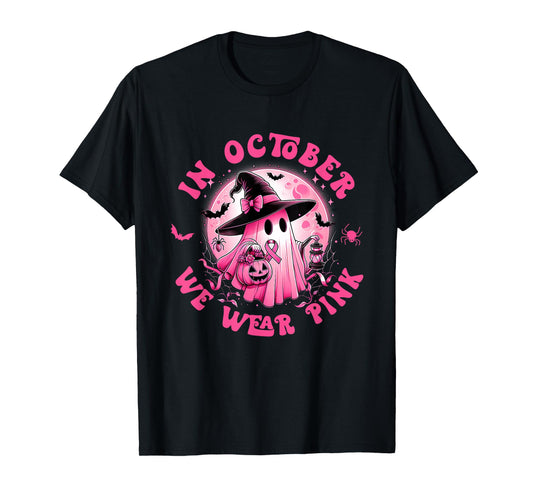 In October We Wear Pink Ghost Witch Breast Cancer Awareness T-Shirt