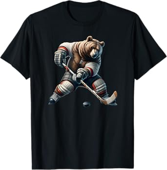 Cute Bear Playing Hockey For Bear And Hockey Lover T-Shirt