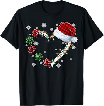 Funny Dog Cat Paws Print Heart Santa Hat Christmas Pajamas T-Shirt