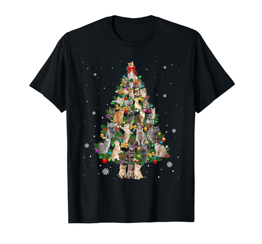 Meowy Xmas Cats Christmas Tree Lights Snow Kitten Funny Gift T-Shirt